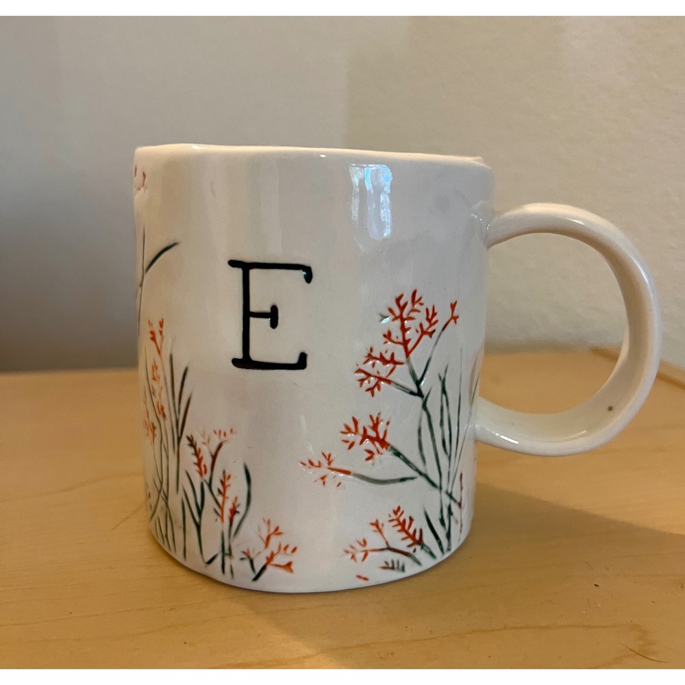 Anthropologie‎ Monogram E Floral Ceramic Mug Wildflower Initial Coffee Cup White